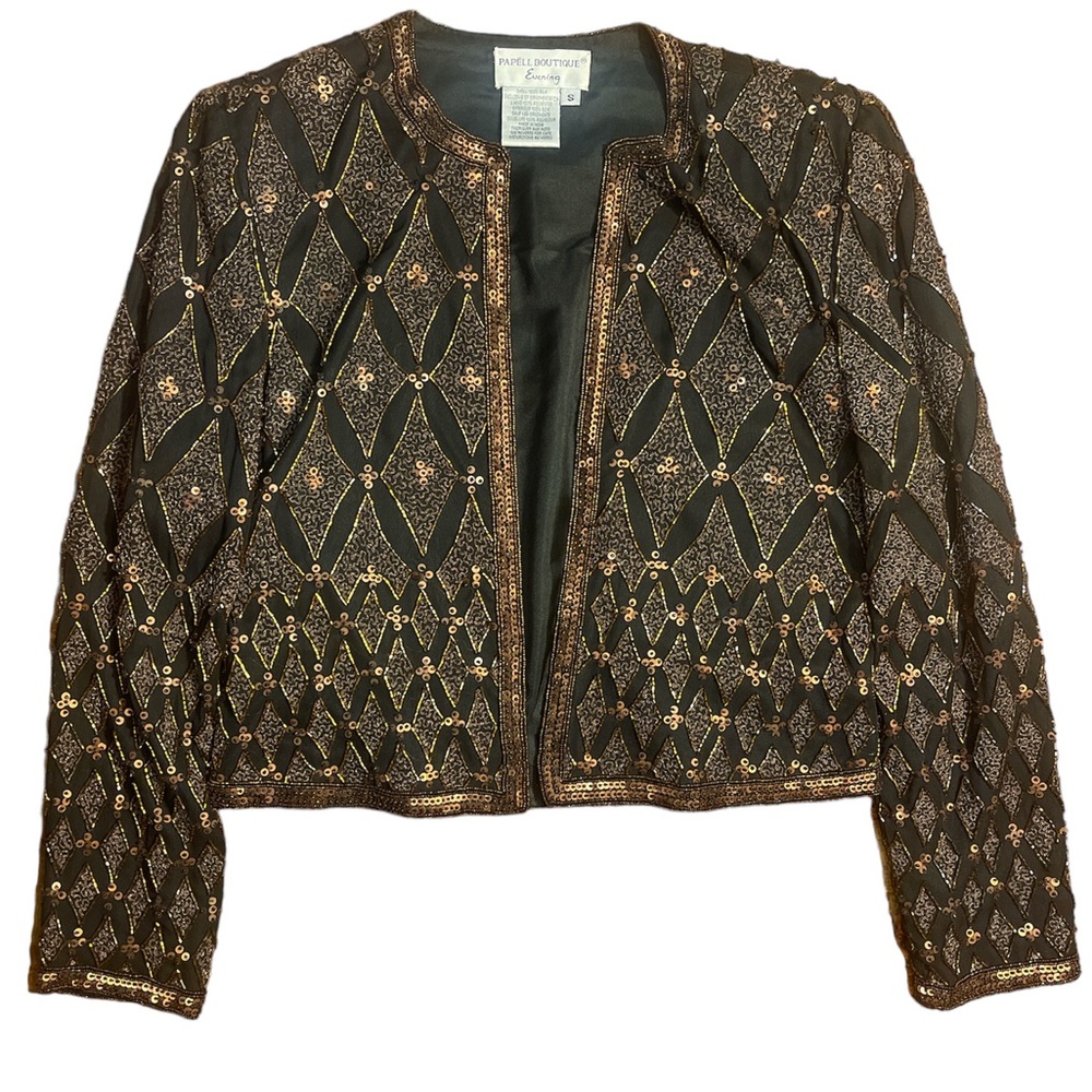 Vintage Beaded Silk Cardigan Jacket Black Brown Papell Boutique Small
